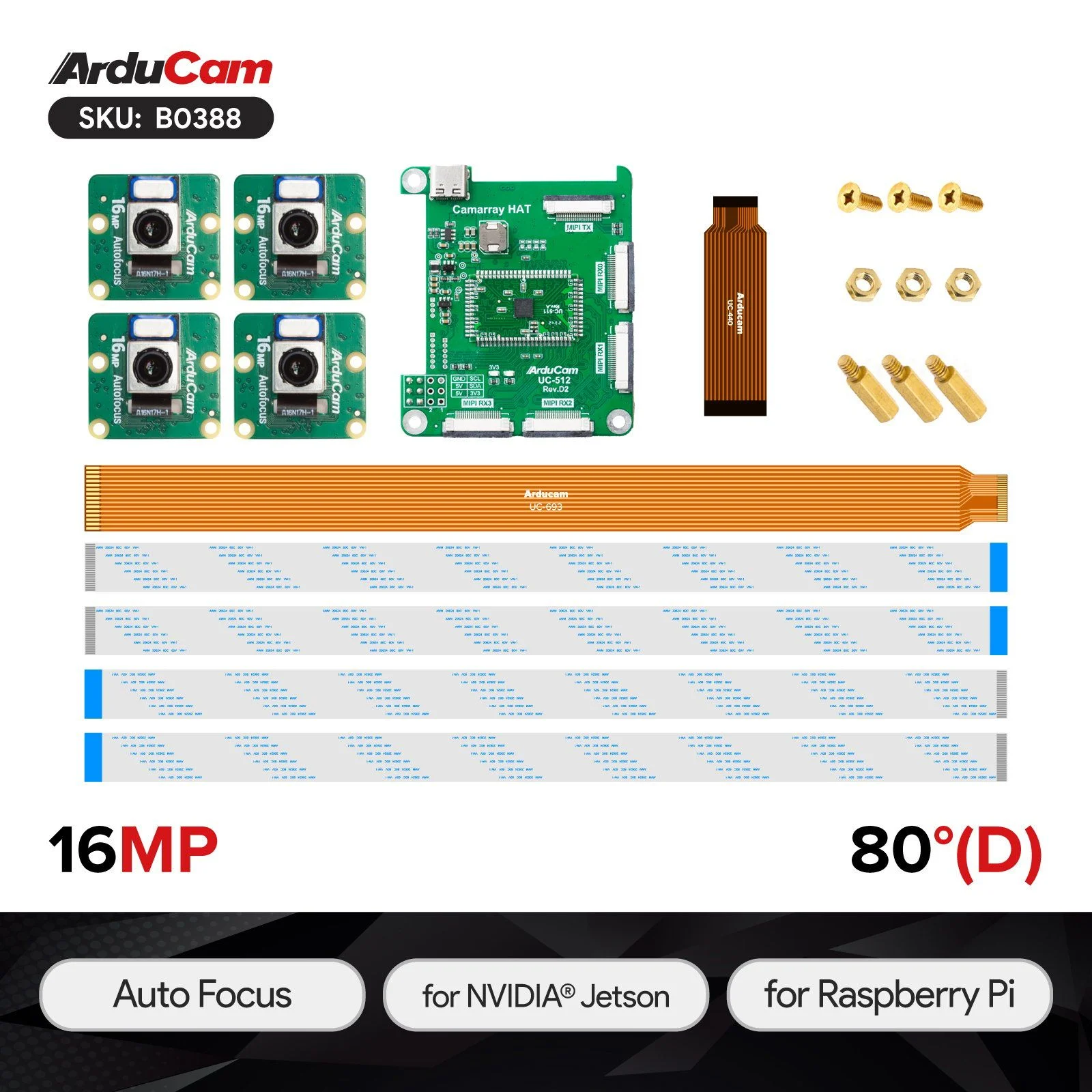 Arducam 16MP IMX519 Autofocus Synchronized Quad-Camera Kit for Raspberry Pi, NVIDIA Jetson AGX Orin/Orin Nano/Orin NX