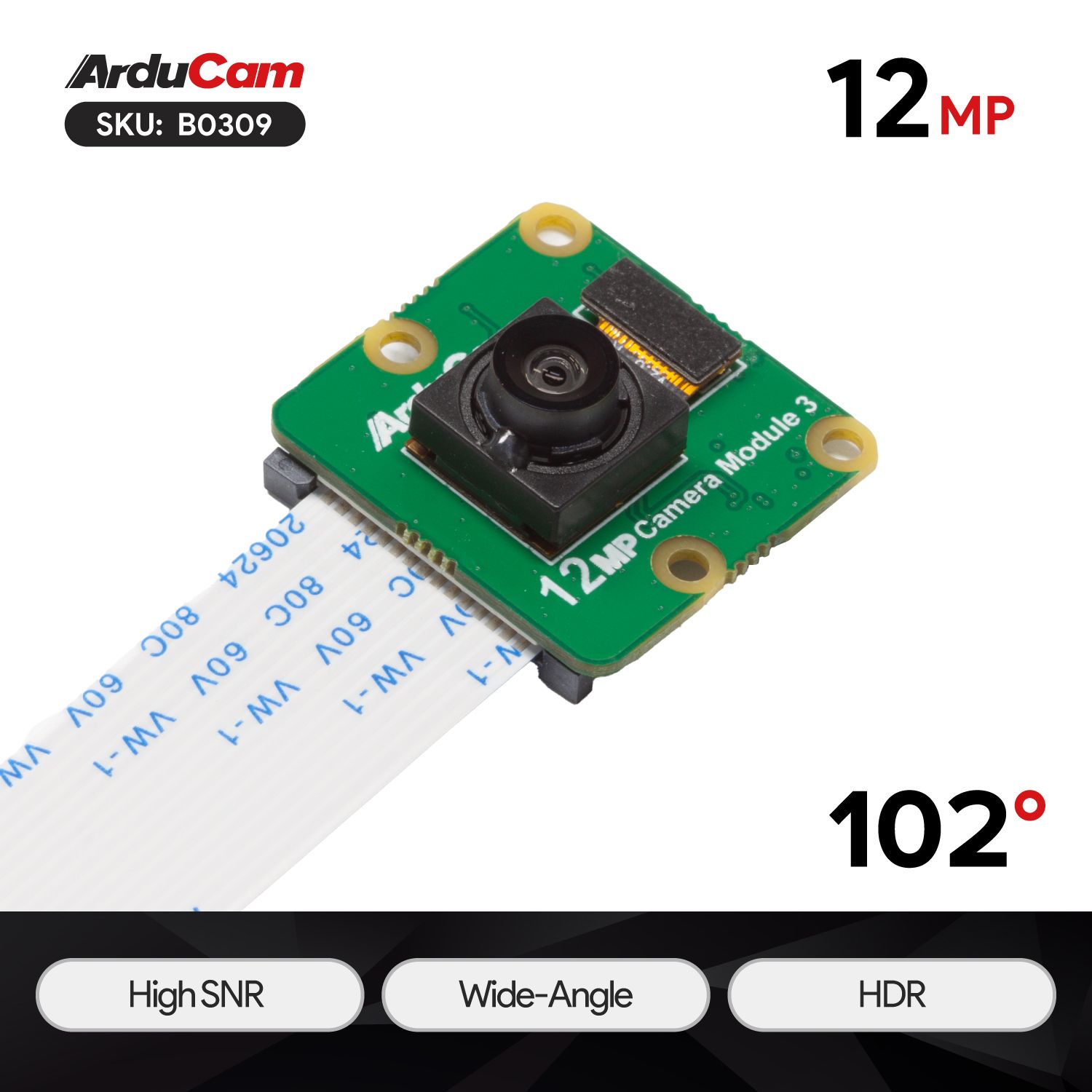 Arducam 12MP IMX708 102 Degree Wide-Angle Fixed Focus HDR High SNR Camera Module for Raspberry Pi